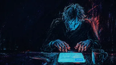 A seated figure holds hands above an unsent message as coral fingertips meet cold cyan screen light in charcoal space.