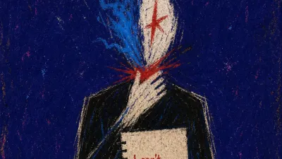 A figure presses one hand to the throat and covers a half-written sentence, with red ink breaking into cold blue light.