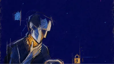 A figure with one hand at their throat and one thumb above an unsent message, split silver-blue and amber light around them