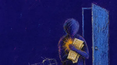 A figure presses a crumpled ledger to their chest beside an open blue doorway, amber totals glowing across the page