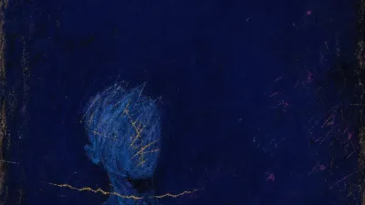 A figure with one hand near the throat and the other offering a cup, warm gold splitting into bruised blue