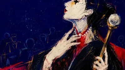 A figure touches a pearl at the throat while lifting a scepter, with a fractured white and crimson line across the neck