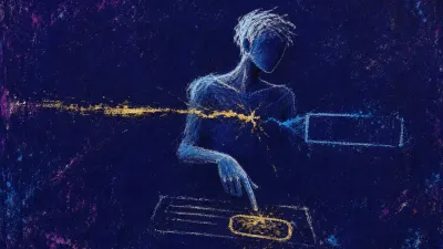 A rigid figure holds one finger above Send, half-written request nearby, a fractured gold line crossing the chest into blue