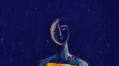 A rigid figure presses a dated planner to their chest beneath pinned notices, amber dates cutting into deep blue