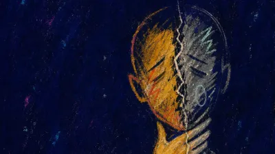 A figure with one hand at the throat and one above an edited journal line, amber marks splitting into cold gray
