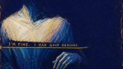 A figure grips a trackpad beside a half-written list, split by warm gold light and cold blue shadow