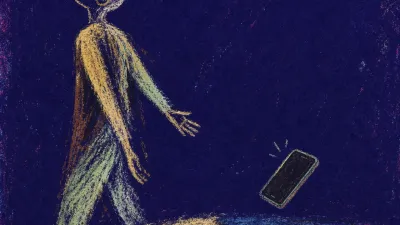 A figure steps past a cluttered desk edge, chin lifted from an unopened document and phone, pale gold split by bruised blue