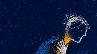 A figure leans toward a glowing message with one hand at their throat, amber light split against deep blue-black