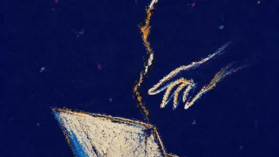 A rigid figure pins a half-open laptop ledger while hovering over a locked text thread, amber lines cutting into deep blue.