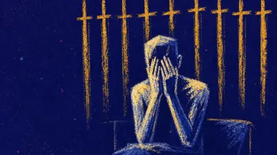 A figure sits upright in bed with both hands covering the face, amber lines at the brow against a blue-black wall