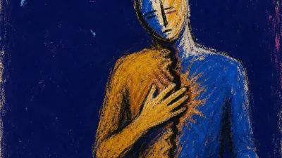 A figure presses one hand to their chest over a half-typed reply, amber and electric blue split across the torso