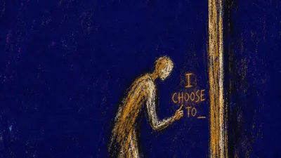A leaning figure with a thumb over a half-written message on a screen, amber light split against a cold blue doorway.