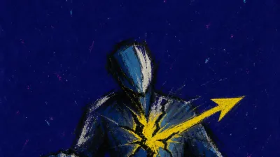 A figure leans over a dark desk, one hand on a calendar and the other above a send key, yellow fracture at the chest