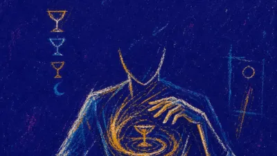 A seated figure with one hand on a spreadsheet and one hovering over an unsent message, amber lines circling against deep blu