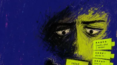 A leaning figure grips a receipt near unopened packages and glowing tabs, with lime light cut by black shadows