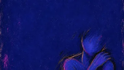 A figure leaning forward with shoulders curled inward, one hand offering a small cup as amber light fractures into deep blue.