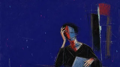 A figure covers part of their face beside a closed notebook and messy doorway, with a red line compressed into ash-blue