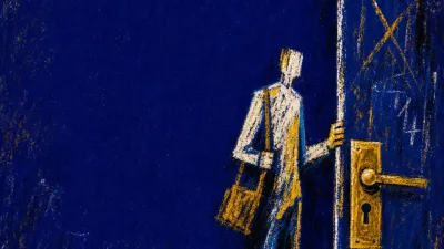 A rigid figure grips a bag strap beside a half-open brass door, blue-black shadow surrounding the lowered hand
