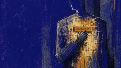 A figure with raised shoulders holding a polished nameplate, chest crossed by an amber fracture against deep blue stone walls
