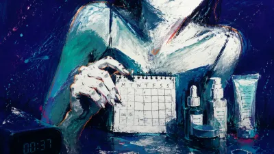 A rigid figure pins a blank habit tracker beside aligned bottles, with a sharp white fracture cutting through teal shadow