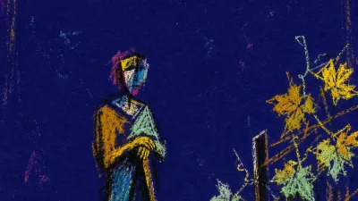 A figure leaning on a hoe before a vine, one coin on the ground, amber and blue tension crossing the throat and hands