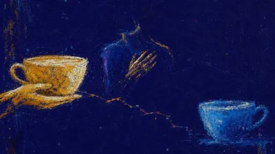 A figure holding one cup forward while another cup hovers across a gap, blue and amber streams split at the chest.