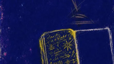 A seated figure pins a highlighted notebook beside a blank draft window, with yellow marks breaking into cold graphite shadow
