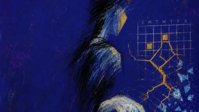 A side-turned figure in dark space with a thumb hovering above a payment button, amber route lines fracturing into blue.