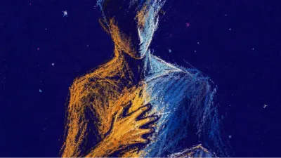 A figure leaning toward a glowing phone with one hand at the chest, blue light split by a silver path in deep shadow