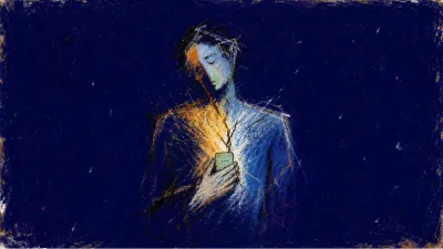A figure with shoulders raised, one hand on their chest, thumb over an unsent phone reply, amber light against cold blue