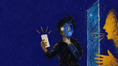 A figure with raised shoulders holds a glowing phone while one hand presses the throat, an amber line split by blue glass