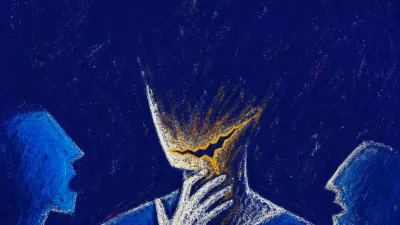 A figure holding a bright banner while one hand touches the throat, amber light splitting into deep blue shadow at the neck
