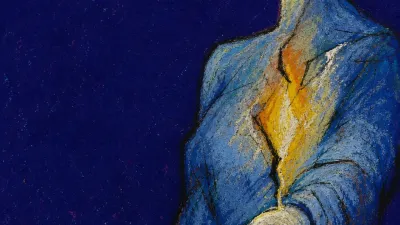 A figure leaning toward a glowing screen, thumb over an unsent line, amber light breaking into cold blue at the chest.