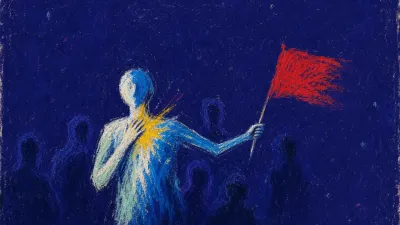 A figure with one hand near the throat and a red flag lifted outward, warm gold breaking into cool blue light.
