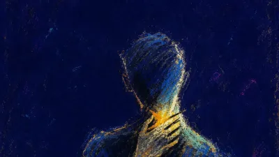 A half-turned figure with one hand at the throat and a cursor over a saved draft, amber light split by blue-black shadow