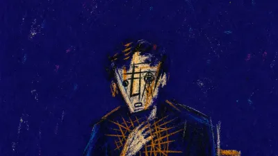 A figure with lifted shoulders and a hovering thumb over a phone, amber lines repeating across deep blue space.