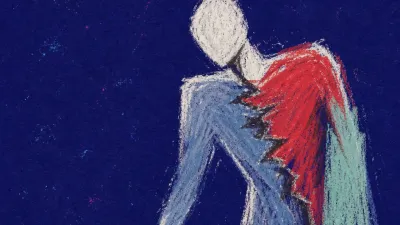 A forward-leaning figure reaches for keys beside an open laptop, with red light cutting into cold blue-gray shadows