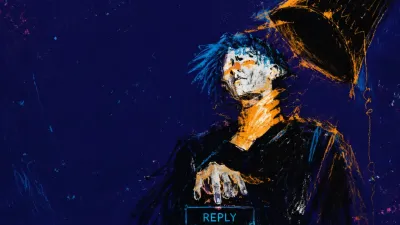 A figure with raised shoulders, one hand at the throat and one thumb above a reply button, amber light split against blue
