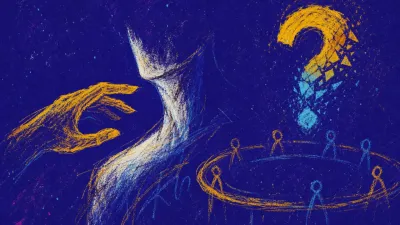 A rigid figure with one hand near the throat beside a glowing question mark, amber notes fracturing into cold blue.