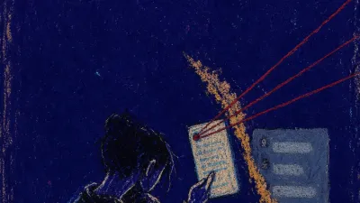 A side-turned figure holds a screenshot beside an unsent reply and group chat, three red threads crossing amber and slate