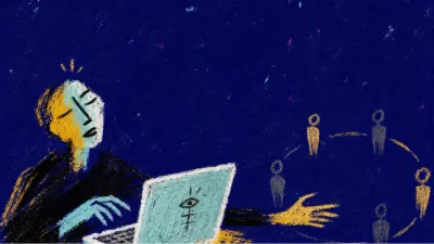 A figure beside an open laptop reaches toward a quiet circle, with warm gold light splitting into cool graphite shadow.