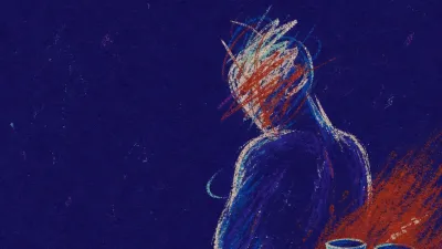 A turned figure faces spilled cups while two upright cups and a small bridge sit behind them in rust red and deep blue light