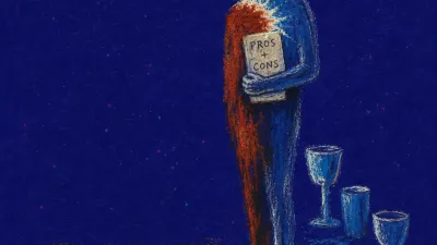 A figure with pinned feet, scattered cups, and a closed list, with rust red liquid split against cold blue.
