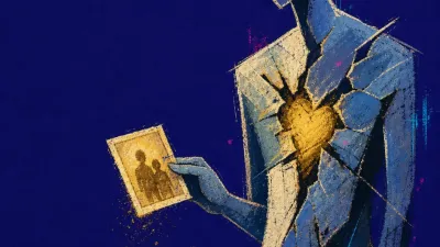 A figure hovering over an old photo beside a half-open box, honey gold light fractured against steel blue shadow