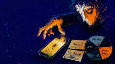 A figure leans toward a phone beside message cards and a wheel, thumb suspended above the screen in amber and indigo light.