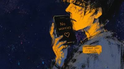 An upright figure holds a phone near their face showing 