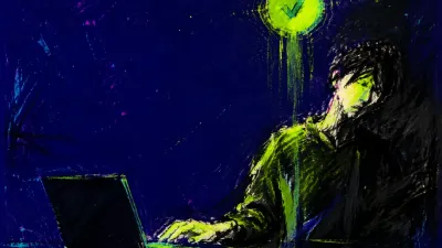 An upright figure at an open laptop, one hand on the trackpad and raised shoulders lit neon green against charcoal space.