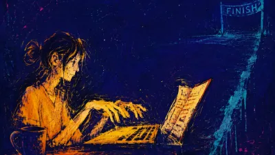 A seated figure with raised shoulders and fingertips above a keyboard, amber document light ending at a sharp cyan edge.