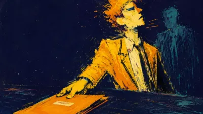 A figure slides a finished folder across a table, shoulders drawn back, with amber light and a drifting teal silhouette.