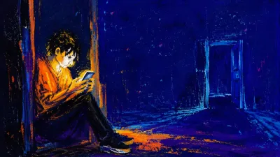 A seated figure clasps a glowing phone at a doorway, shoulders rigid, with amber light suspended against deep indigo.